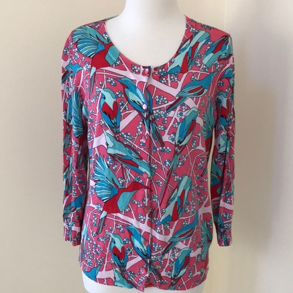 NWT! Talbots medium pink multi bird print cardigan - Picture 1 of 8